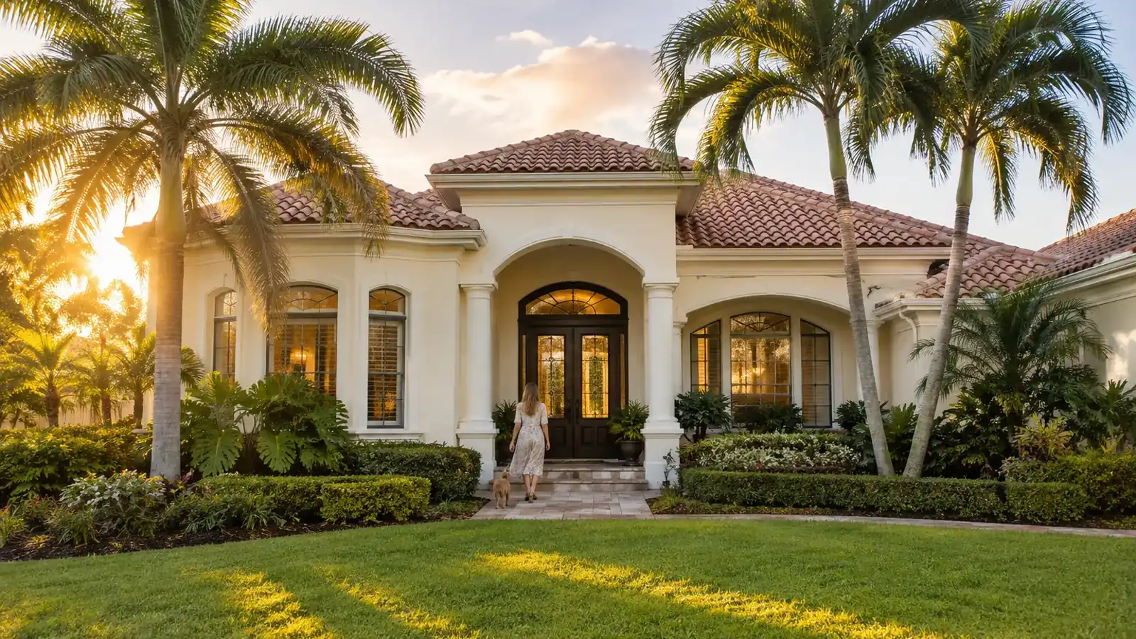 Tampa Bay’s Marketplace for Home & Business Services: stucco home with a tile roof, palms and green lawn in Tampa Bay